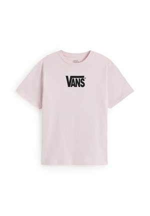Lyserød t-shirt med korte ærmer og sort Vans-logo centreret på brystet, vist på en hvid baggrund.