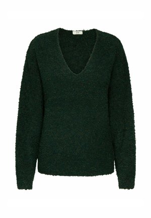 Suéter de pullover verde, texturizado, con mangas largas y un escote en V profundo. Presenta un material suave y esponjoso que proporciona calidez y comodidad.