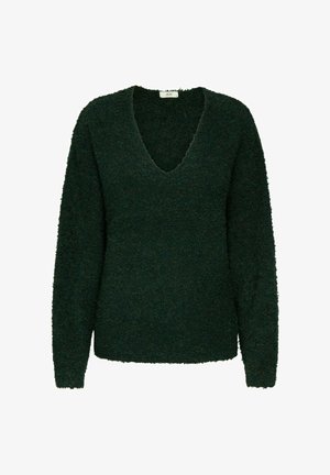 Suéter de pullover verde, texturizado, con mangas largas y un escote en V profundo. Presenta un material suave y esponjoso que proporciona calidez y comodidad.