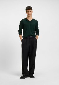 Grüner V-Ausschnitt-Pullover mit langen Ärmeln, kombiniert mit schwarzen, plissierten Hosen und schwarzen Schuhen. Das Outfit hat eine schmal geschnittene Passform.