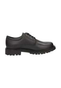 Scarpa oxford in pelle nera con finitura liscia, punta arrotondata, allacciatura con cinque occhielli e suola in gomma spessa con battistrada prominente.