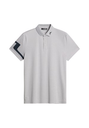 Grey polo shirt with a collar, short sleeves, and three-button placket. Features a dark blue accent on sleeves and logo on the chest.