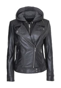 Giacca da moto in pelle nera con cappuccio grigio rimovibile, fodera trapuntata, cerniera asimmetrica e dettagli con bottoni a pressione.