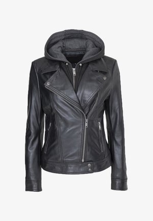 Zwart leren motorjack met een afneembare grijze capuchon, gewatteerde voering, asymmetrische rits en drukknopen accenten.