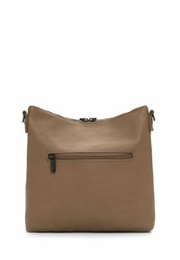 Brown leather shoulder bag with a sleek design, featuring a zippered top and a front pocket with zipper detail. Smooth texture, minimalist style.