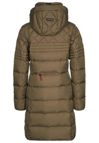 Dlouhý olivově zelený prošívaný puffer kabát s kapucí, horizontálním a diamantovým prošitím a malou kapsou na zip na zadní straně.