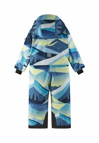 Kolorowy kombinezon narciarski z niebieskimi i zielonymi wzorami górskimi, wykonany z gładkiego, wodoodpornego materiału, z kapturem i ochronnymi mankietami.
