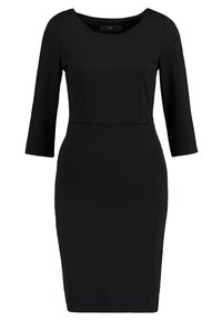 Zwarte jurk tot de knie met driekwartmouwen en een ronde halslijn, voorzien van een getailleerde taille en een eenvoudig, elegant ontwerp.