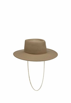 Wide-brimmed beige felt hat with a tall crown and attached thin gold chain hanging below the brim.
