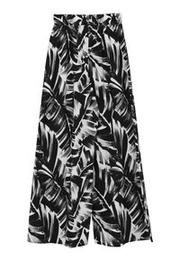 Pantaloni a gamba larga in bianco e nero con un audace motivo astratto di foglie. Realizzati in tessuto morbido con vita elastica per il massimo comfort.
