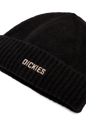 Schwarze Strickmütze mit geripptem Bündchen, versehen mit einem tanfarbenen, gestickten "DICKIES"-Logo auf der Vorderseite. Hergestellt aus weichem, strukturiertem Stoff.