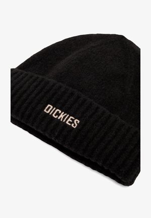 Sort strikket hue med ribbet manchet, med en tanbroderet "DICKIES"-logo på forsiden. Fremstillet af blødt, tekstureret stof.
