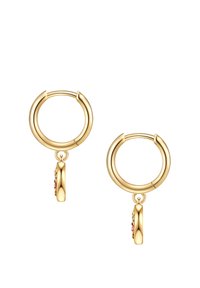 Zelta riņķveida auss gredzeni ar karājošu piekariņu, kas ir apaļas formas un ar teksturētu apdari, dekorēti ar rozā dārgakmeņiem.