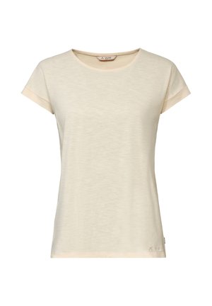 Beige T-shirt voor dames met korte mouwen, een ronde halslijn, een kleine omslag aan de mouwen en een klein logo dicht bij de onderzoom aan de linkerkant.