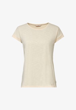 Beige T-shirt voor dames met korte mouwen, een ronde halslijn, een kleine omslag aan de mouwen en een klein logo dicht bij de onderzoom aan de linkerkant.