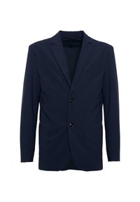 Blazer navy con collo a scialle, due bottoni, tasca frontale singola e tessuto liscio. Forma cucita con design minimalista.