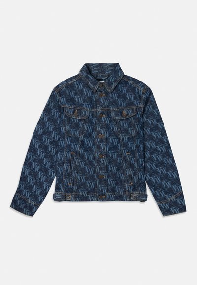 Denim jacket with a dark blue background and a repeated light blue logo pattern. Features two front pockets and brown buttons.
