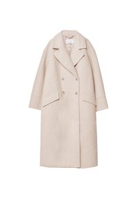Cappotto in lana beige doppiopetto con rever ampi, due tasche anteriori a patta e maniche lunghe, mostrato su uno sfondo bianco.