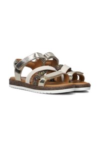 Sandales métalliques dorées et blanches avec une bande pailletée, semelle intérieure rembourrée et semelle texturée marron. Équipées de brides ajustables pour un bon maintien.