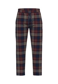 Geruite broek in marineblauw, bordeaux en beige tinten; heeft een trekkoord in de taille, een gestroomlijnd ontwerp en een zachte stoftextuur.