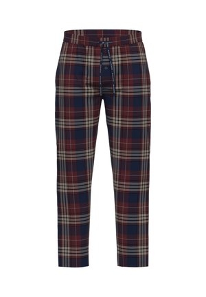 Geruite broek in marineblauw, bordeaux en beige tinten; heeft een trekkoord in de taille, een gestroomlijnd ontwerp en een zachte stoftextuur.
