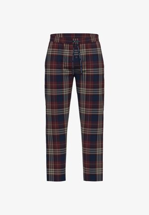Rutet bukser i marineblå, burgunder og beige nuancer; har en snoretræk i taljen, et strømlinet design og en blød stofstruktur.