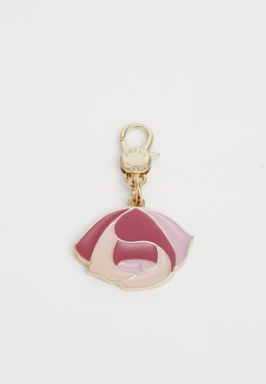 Gold keychain clasp attached to a stylized enamel rose charm with shades of pink and mauve petals.