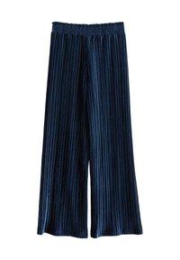 Mørkeblå, plisserede culottes lavet af blødt stof, med elastisk talje og brede ben for en behagelig pasform.