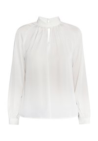 Weißes Bluse mit langen Ärmeln, hohem Kragen, Schlüssel-ausschnitt und plissierten Details. Hergestellt aus leichtem, glattem Stoff.