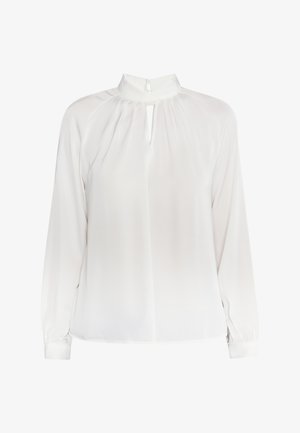 Blouse blanche à manches longues, col haut, découpe en trou de serrure et détails plissés. Fabriquée en tissu léger et lisse.