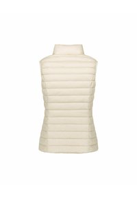 Gilet en crème léger avec un col haut, présentant des sections matelassées horizontales et un design minimaliste. Aucun matériel ou accent visible.