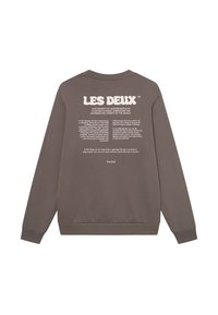 Καφέ φούτερ με στρογγυλή λαιμόκοψη, ραμμένες μανσέτες και σχέδιο που περιλαμβάνει λευκό κείμενο και λογότυπο στο πίσω μέρος. Μαλακή υφή, άνετη εφαρμογή.