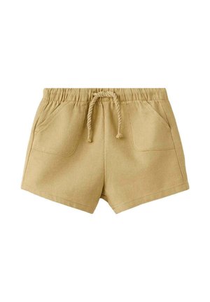 Beige casual short met elastische tailleband, koord aan de voorkant en twee voorzakken.