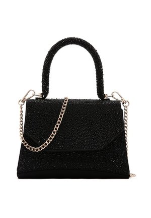 Borsa nera realizzata in tessuto testurizzato con decorazioni di perline. Presenta un manico superiore e una tracolla in catena dorata. Forma quadrata.