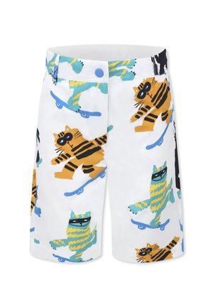 Witte korte broek van materiaal met kleurrijke print van katten op skateboards, in zwart, oranje en blauwgroen. Voorzien van een blauwe knoopsluiting.