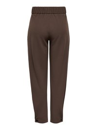 Pantalon marron à coupe droite avec ceinture élastique et détails de boutons aux bords des chevilles, vu de dos sur fond blanc.