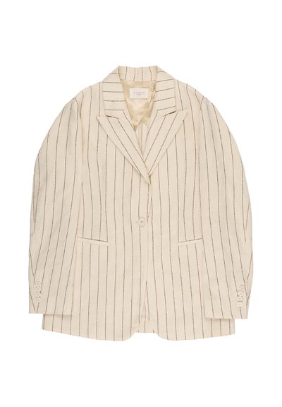 Beiger Ein-Knopf-Blazer mit dünnen vertikalen schwarzen Streifen, aufgeschlagenem Revers, zwei Fronttaschen und Knopfdetails an den Ärmeln.