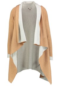 Langer, offener Cardigan aus weichem Material mit einem drapierten Design. Farbverlauf, der warmes Beige und helles Grau verbindet. Mit aufgerollten Bündchen akzentuiert.