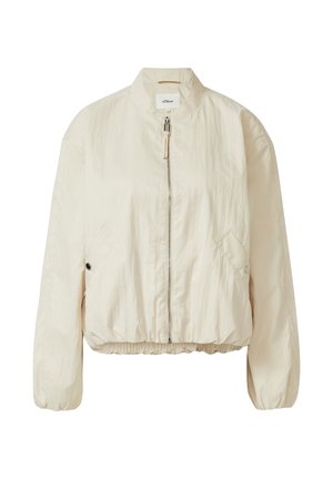 Hellbeige Bomberjacke zum Hochziehen mit elastischem Bund, zwei Seitentaschen mit Druckknopf und Stehkragen, aus leichtem Stoff.