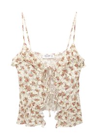 Top in pizzo floreale con spalline regolabili sottili, base color crema chiaro, dettagli arricciati e chiusura frontale con laccio decorata con rose rosa.