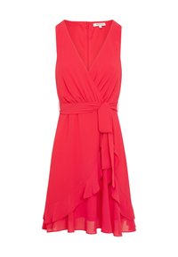 Abito rosso senza maniche con design avvolgente, caratterizzato da una vita legata e un orlo arricciato. Realizzato in tessuto leggero con una texture liscia.