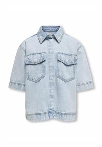 Ljusblå denimskjorta med kort ärm, två framfickor, knäppning fram och klassisk krage, med synliga sömnadsdetaljer.