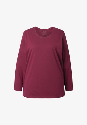 Bordeaux kleurig langemouwen T-shirt van katoen met een ronde hals, relaxed fit en effen kleur, zonder patronen of accenten.
