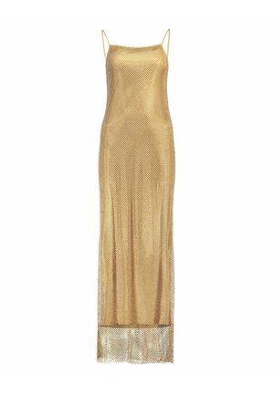 Robe maxi en maille métallique dorée sans manches avec fines bretelles spaghetti et un décolleté droit.