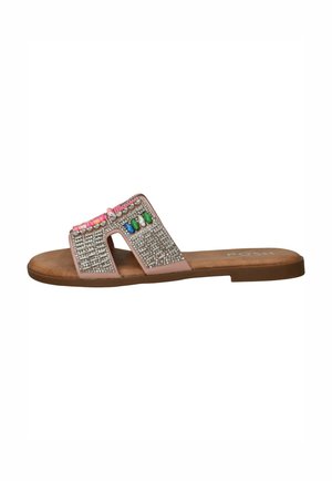Platte teenslipper met een beige band met kleurrijke kralen en metallic accenten, geplaatst op een bruine zool. Gevoerde voetbed voor comfort.