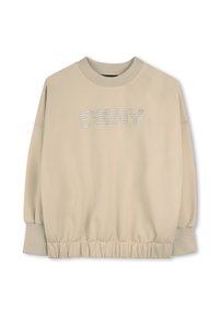 Sudadera beige con cuello redondo acanalado, dobladillo fruncido y texto "Dainty" acentuado con pequeñas tachuelas en el frente. Material suave y corte relajado.