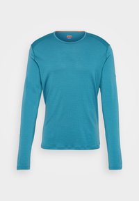 Camisa de manga longa com decote redondo em teal vívido, feita de um tecido suave. Apresenta um ajuste clássico e detalhes de costura mínimos nos ombros.