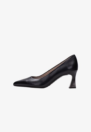 Schwarze Lederpumps mit spitzem Fuß, mittelhohem Absatz, glatter Oberfläche und subtilen Stichdetails. Ideal für formelle oder berufliche Anlässe.