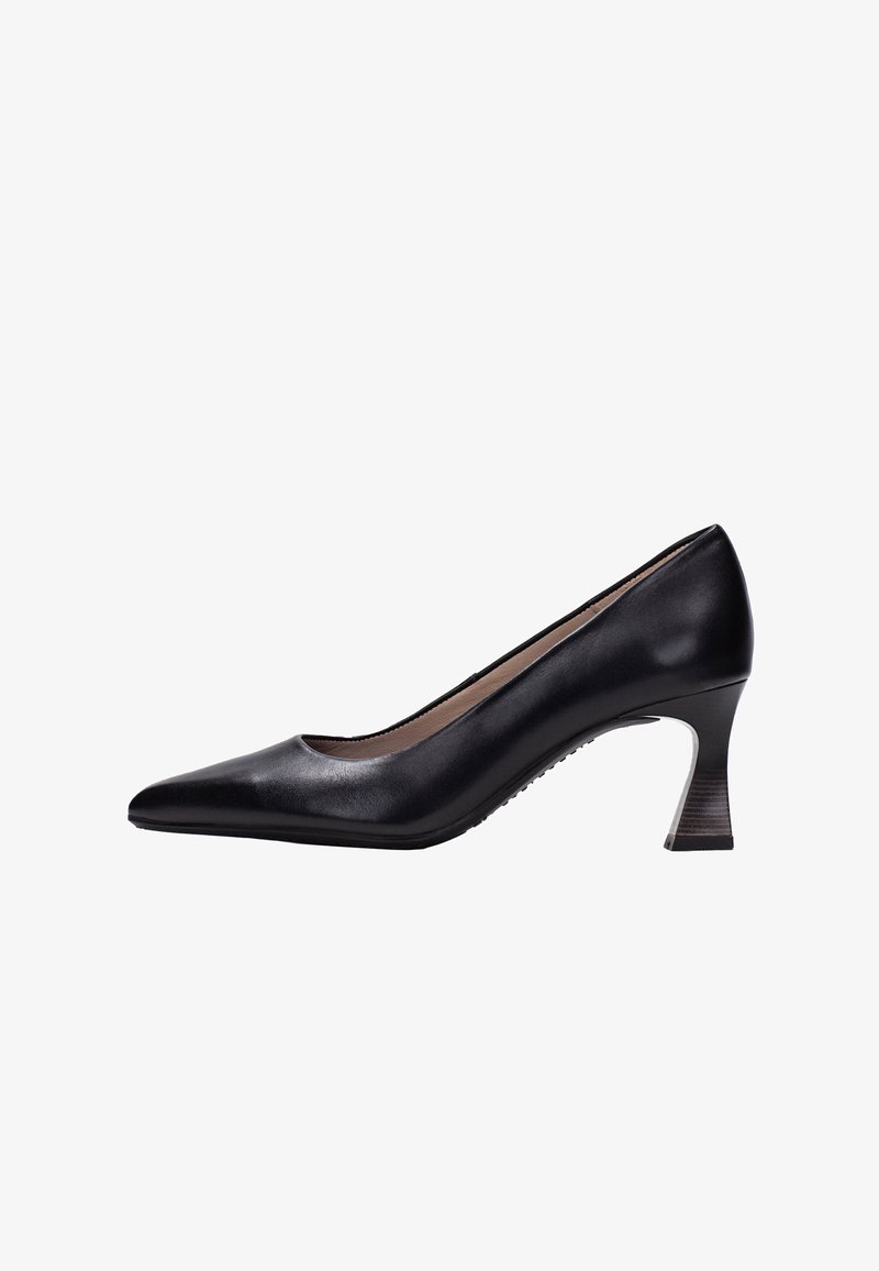 Zapato de tacón negro de piel con puntera afilada, tacón moderado, acabado suave y detalles de costura sutiles. Ideal para entornos formales o profesionales.