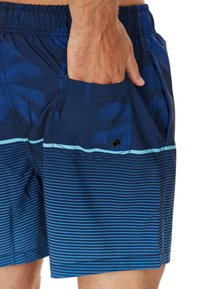 Shorts de bain bleus avec un motif de palmier et des rayures horizontales dans différentes nuances de bleu. Comprend une poche latérale avec un œillet noir.